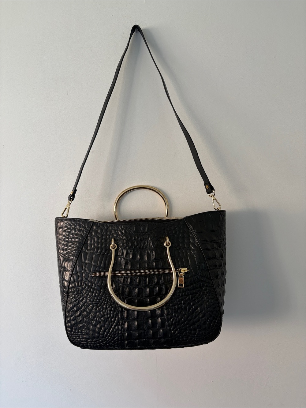 Black Croc-Embossed Satchel with Gold Accents